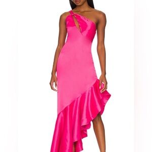 Lovers + Friends Heide Gown: Vibrant Pink One-Shoulder Ruffle Dress